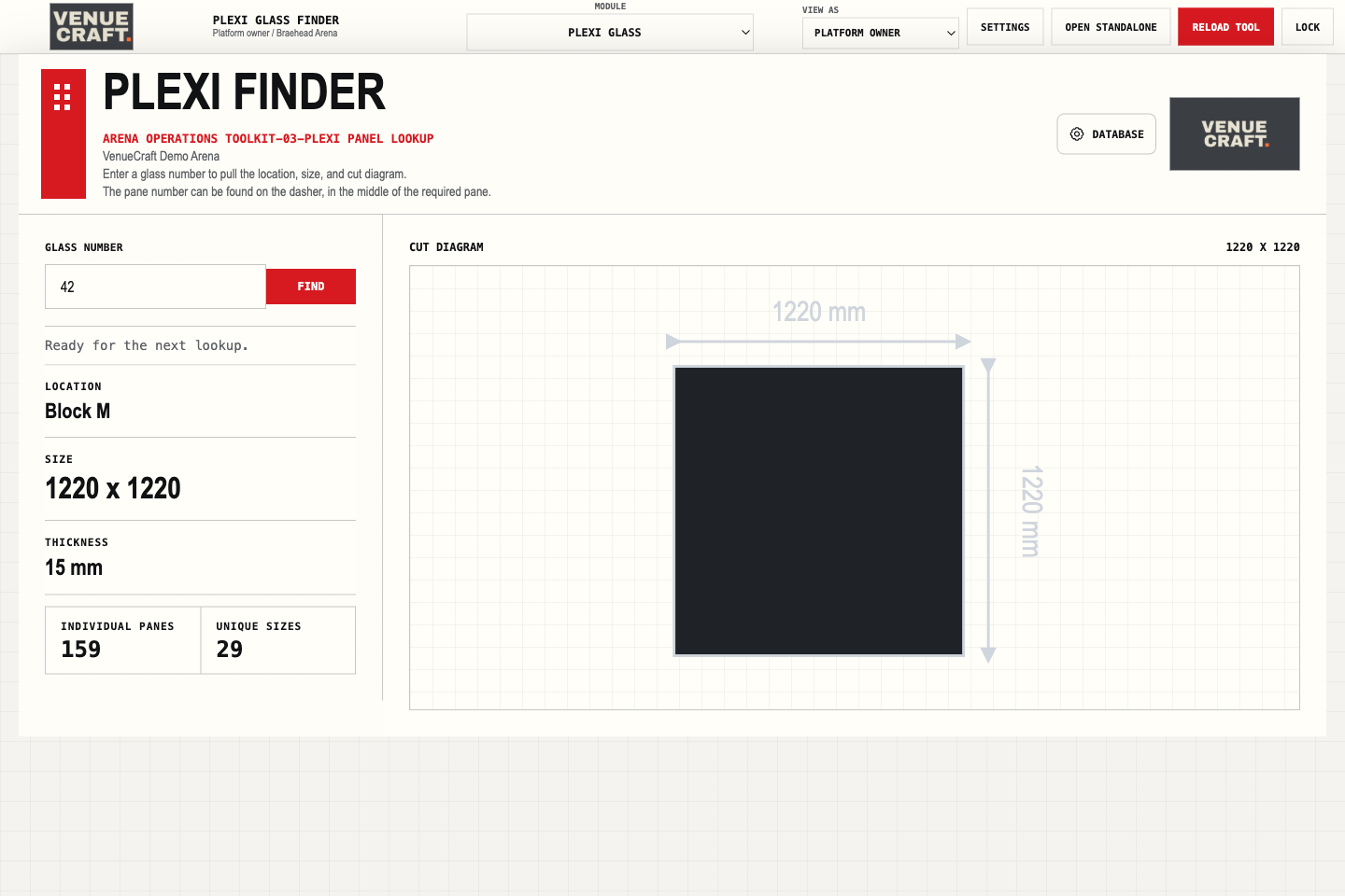 Plexi glass finder showing a loaded glass panel result and cut diagram.