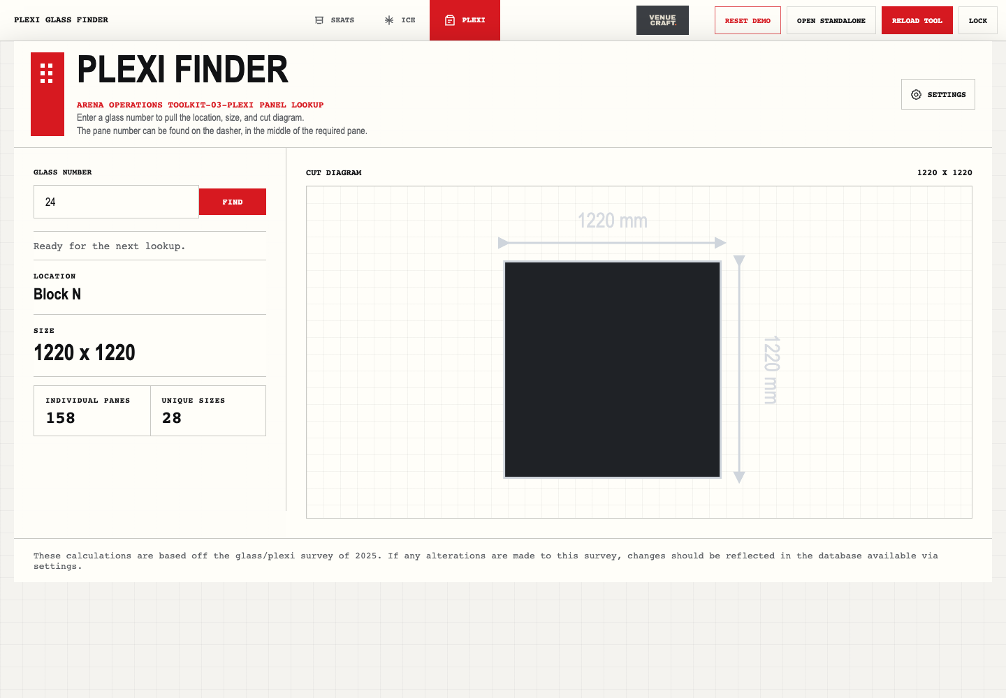 Plexi glass finder lookup result showing glass number, location, size, notes and section diagram.
