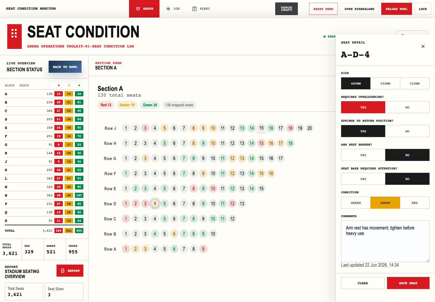 Seat condition monitor showing individual seats with red, amber and green statuses plus the seat condition assessment pane.